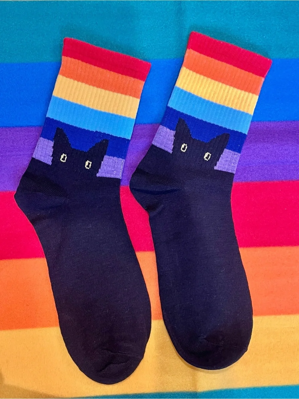 Black Cat Crew Socks with Rainbow Stripe Cuff - Halloween / Pride, OS